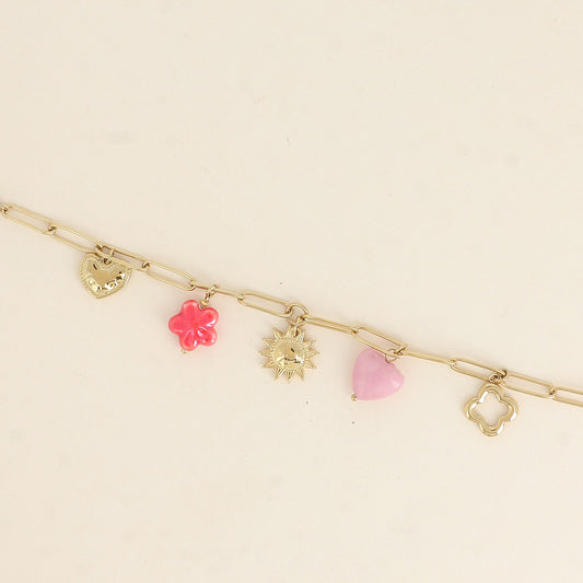 Bracelet - cœurs, perle fleur, soleil, trèfle (17+3 cm)