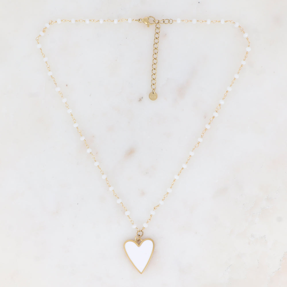Collier avec pâtes de verre et pendentif forme cœur émaillé (37.5+5CM)