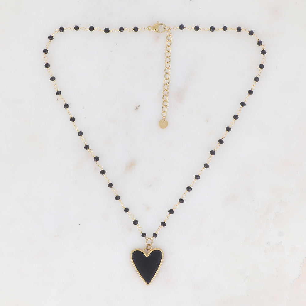 Collier avec pâtes de verre et pendentif forme cœur émaillé (37.5+5CM)