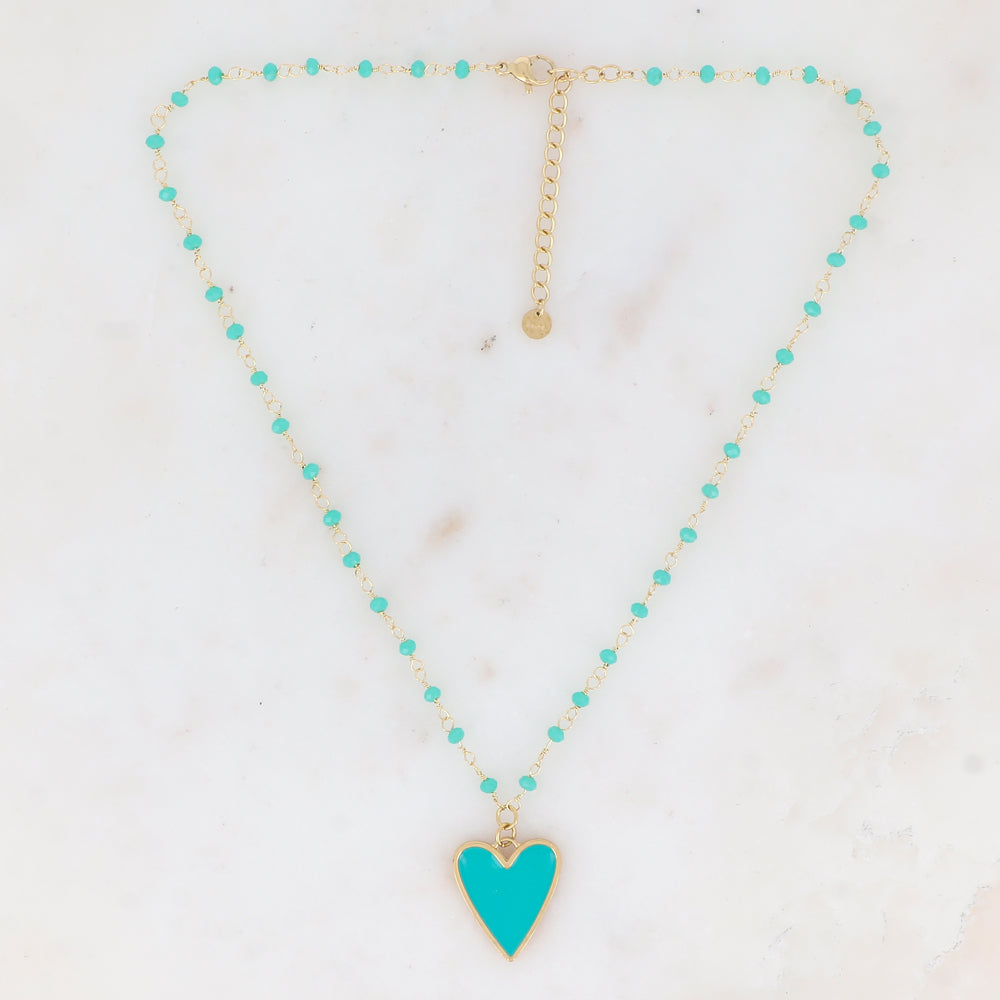 Collier avec pâtes de verre et pendentif forme cœur émaillé(37.5+5CM)