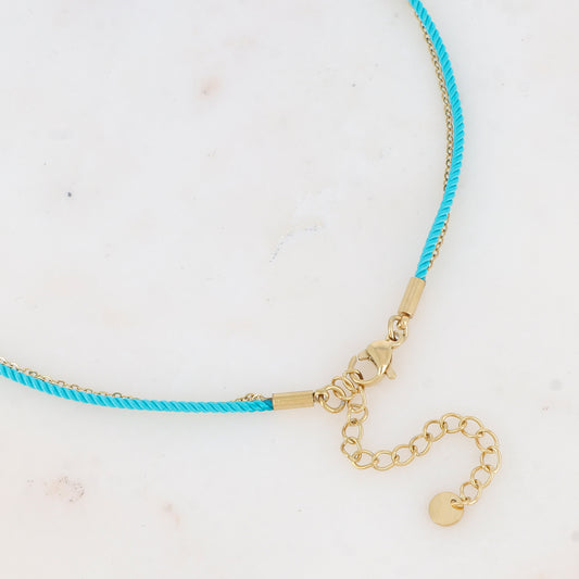 Collier 2 rangs chaine et cordon coloré avec coquillage émaillé et perle en résine