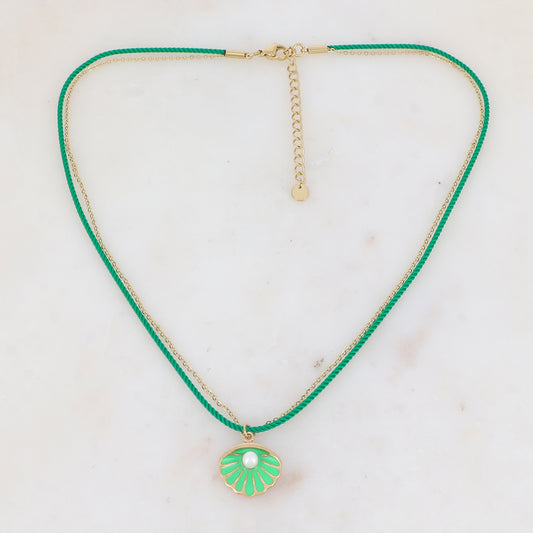 Collier 2 rangs chaine et cordon coloré avec coquillage émaillé et perle en résine