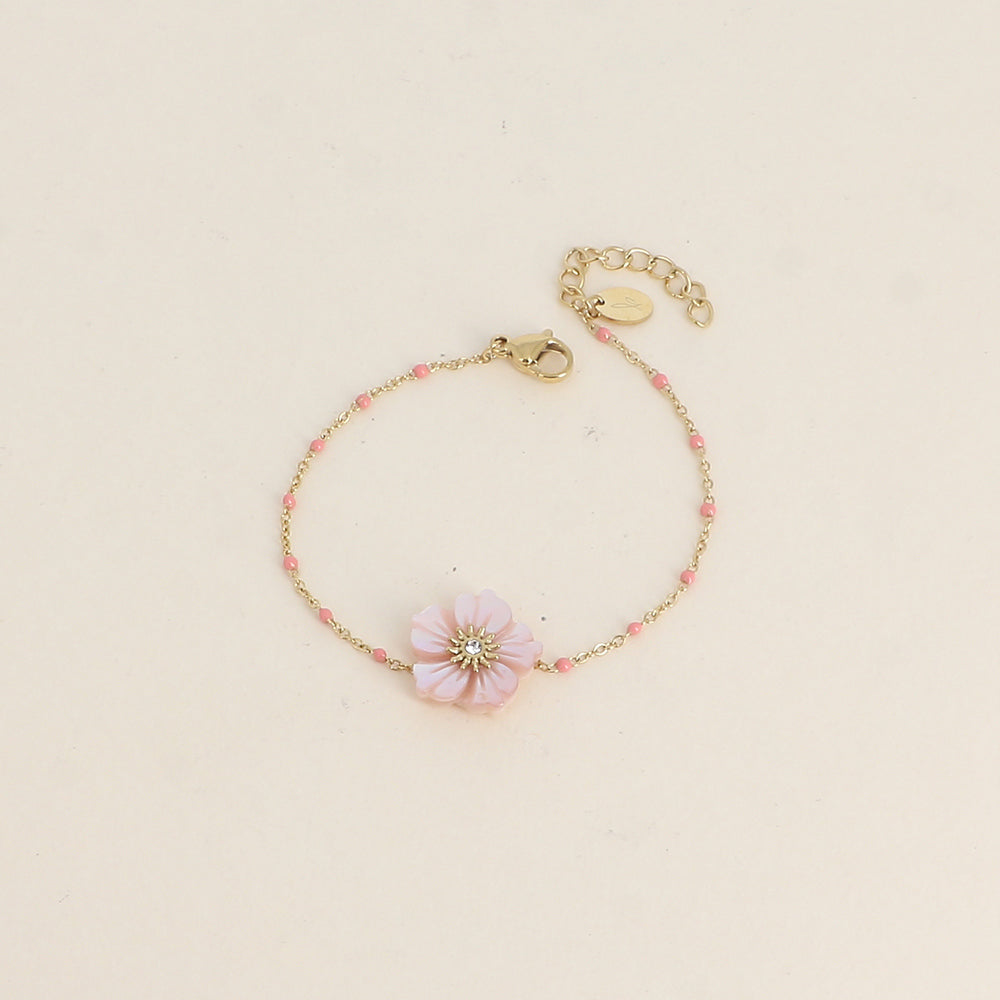 Bracelet - chaîne émaillée et fleur nacrée rose (16+3 cm)
