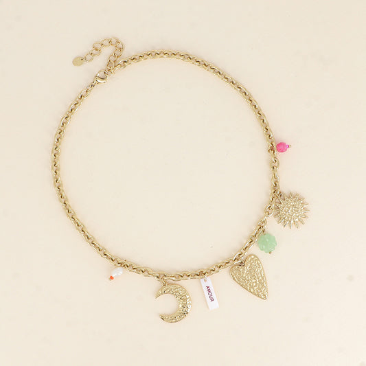 Collier - plaquette nacrée avec inscription "AMOUR" en émail, soleil, lune, cœur, trèfle 40+5 cm