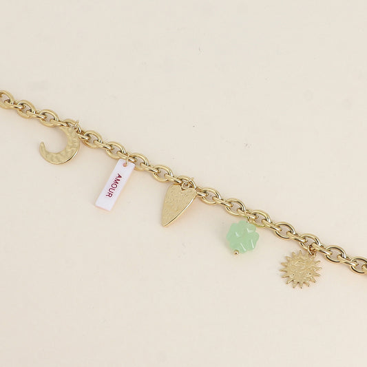 Bracelet - plaquette nacrée avec inscription "AMOUR" en émail, soleil, lune, cœur, trèfle (17+3 cm)