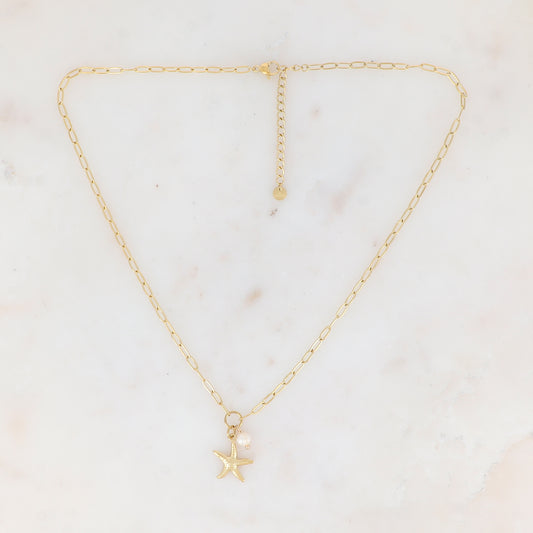 Collier en maille avec étoile de mer et perle d'eau douce (45+5CM)