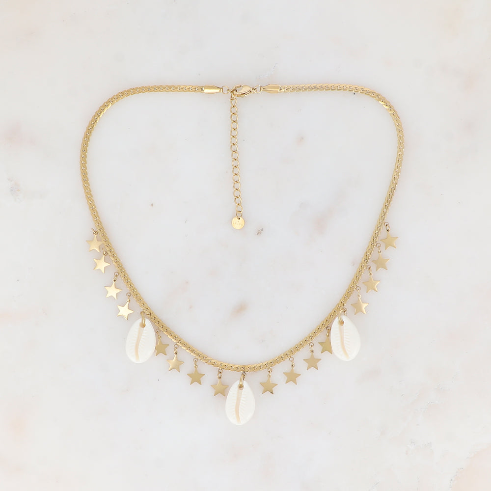 Collier en maille plate avec pampilles étoiles et cauris en résine (38+5CM)