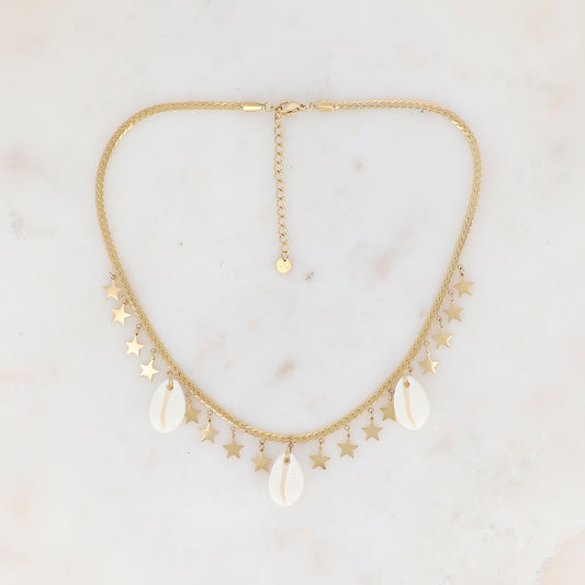 Collier en maille plate avec pampilles étoiles et cauris en résine (38+5CM)
