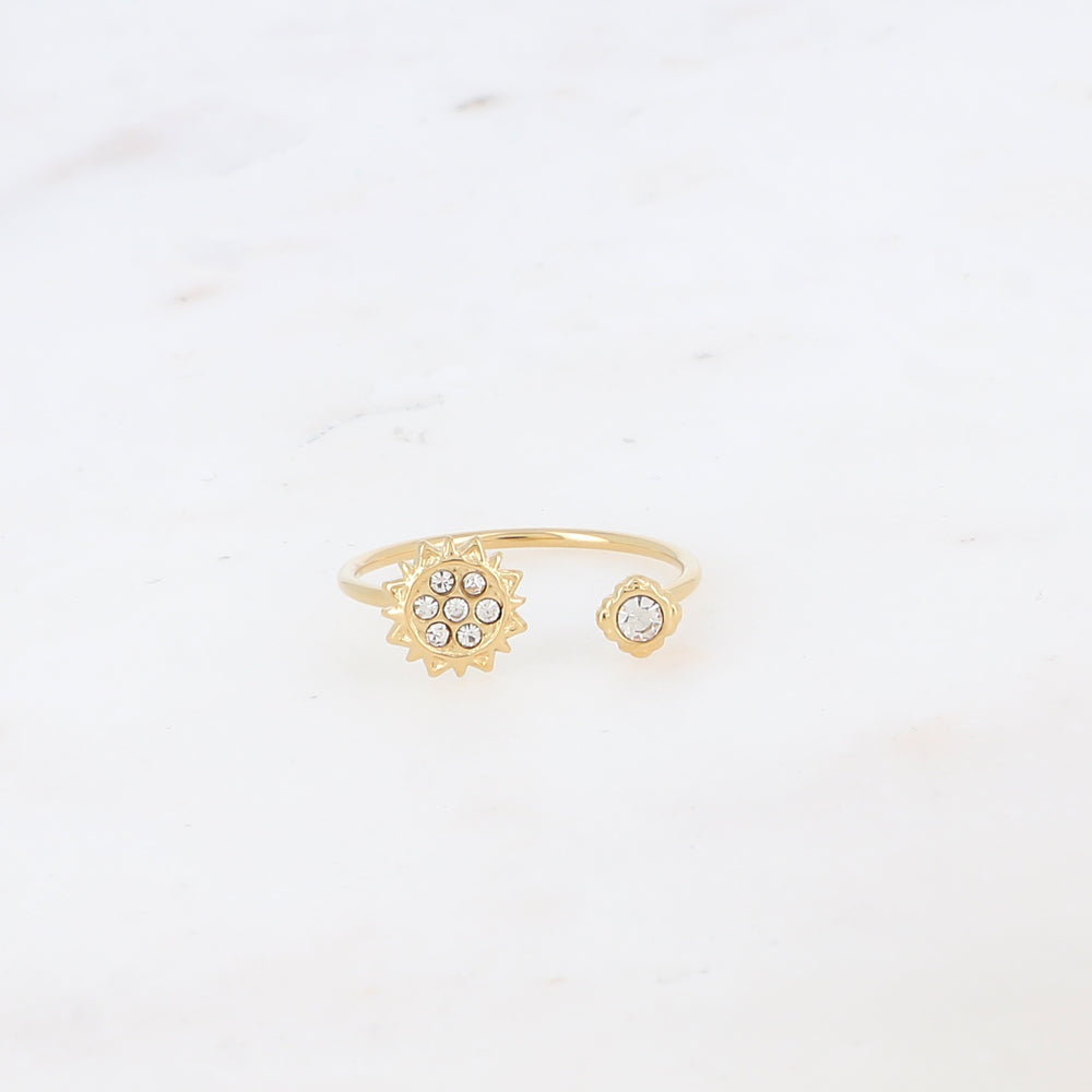 Bague fine ajustable avec étoiles, soleil et strass