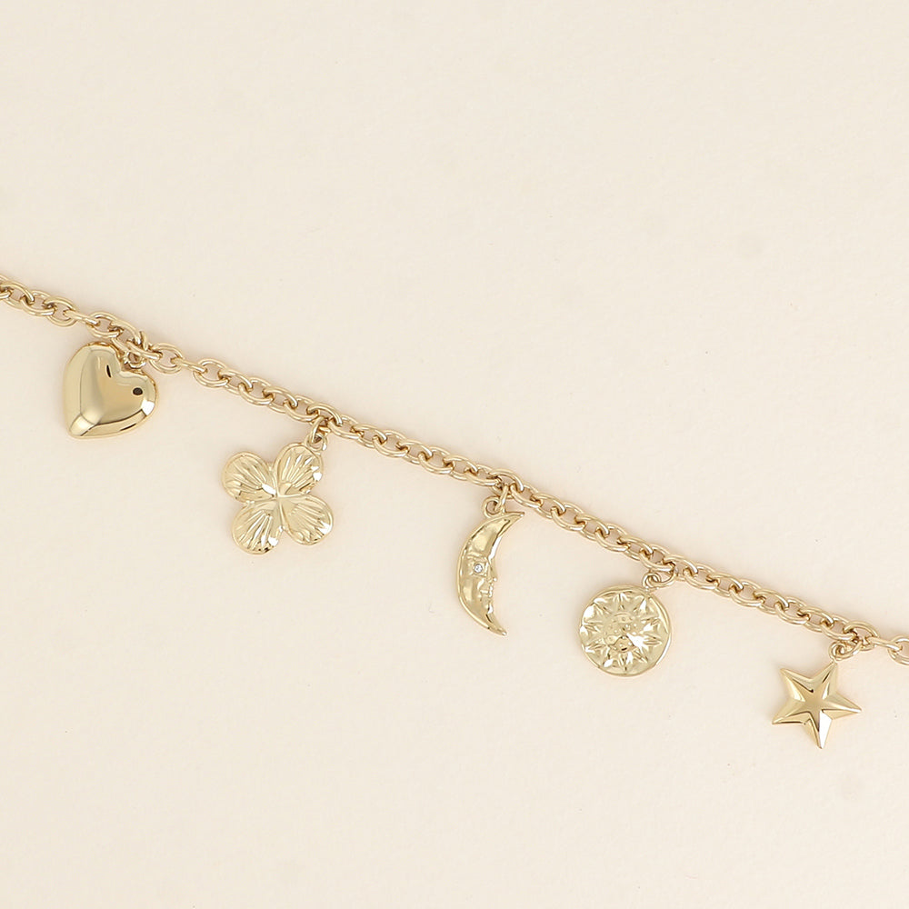 Bracelet - soleil, cœur, lune, fleur émaillée, étoile et trèfle (17+3 cm)