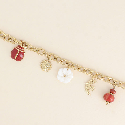 Bracelet - perles, oiseau, soleil, fleur nacrée, coccinelle émaillée (17+3 cm)