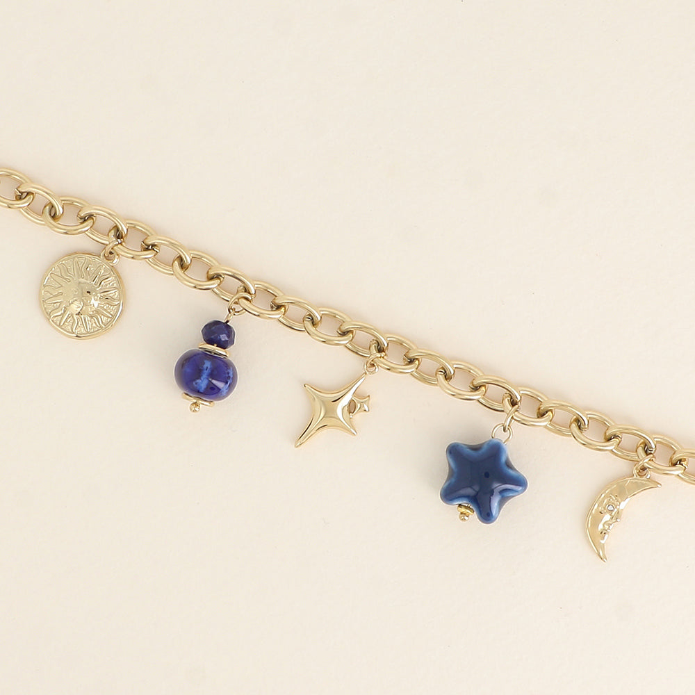 Bracelet - soleil, perles, lune, étoile et trèfle (17+3 cm)
