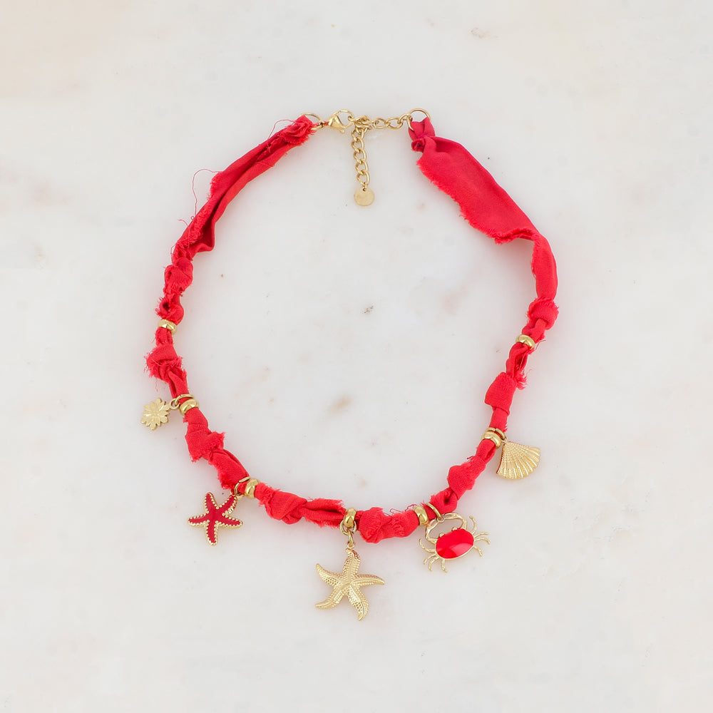Collier ruban Liberty avec étoiles de mer, coquillage, crabe, fleur et émail (39+5CM)
