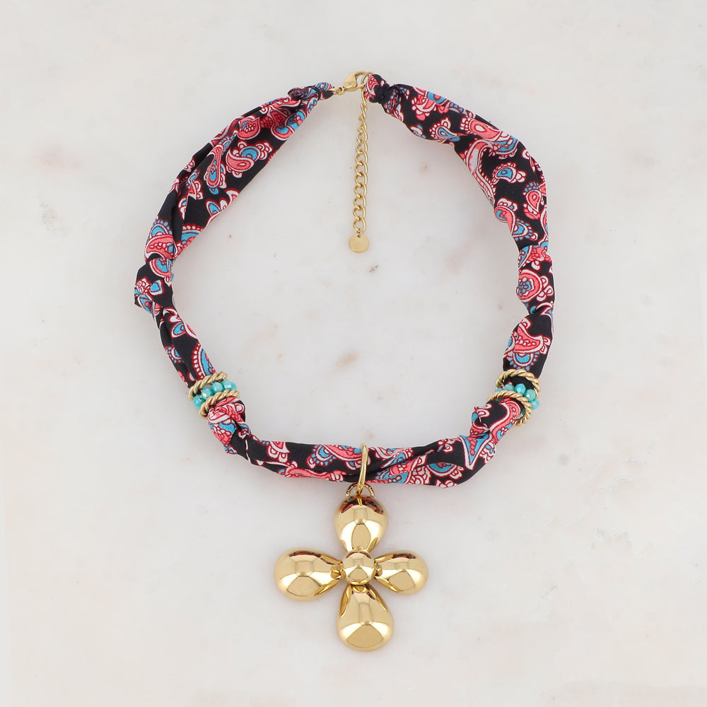 Collier ruban Liberty avec fleur, anneaux torsadés et pâtes de verre (39+5CM)