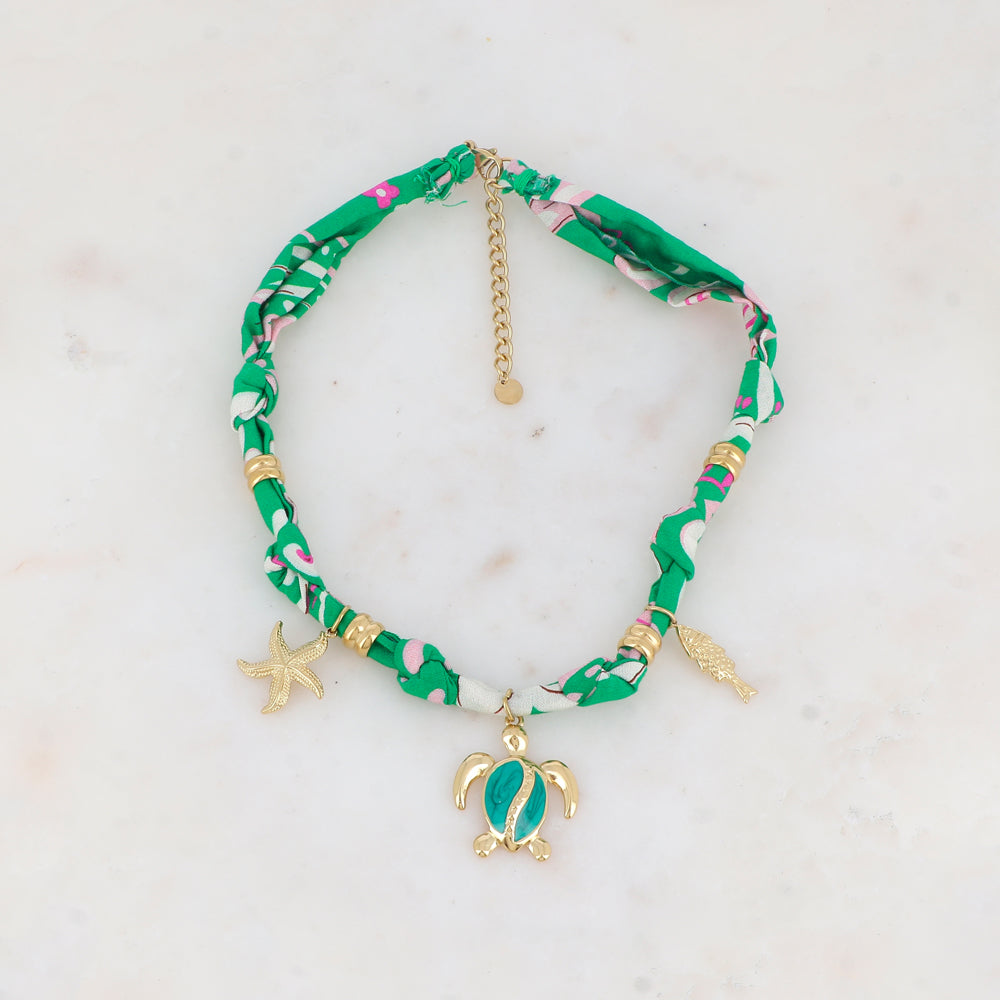 Collier sur ruban avec étoile de mer, tortue émaillée et poisson 39+5 cm