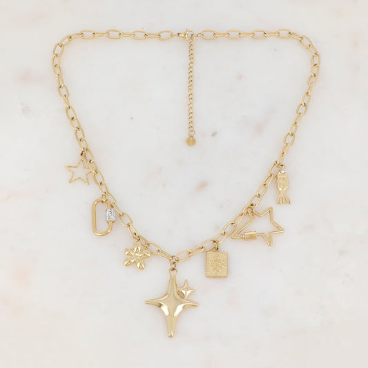 Collier en maille avec étoiles ajourées, anneau strassé, fleur, étoile effet miroir, serpent et poisson (45+6CM)