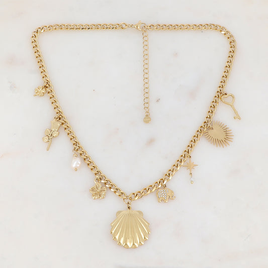 Collier en maille avec coquille, fleurs, trèfle, perle d'eau douce, éléphant strassé, étoile du nord, pierre, demi-soleil, clé et cœur (44+7CM)