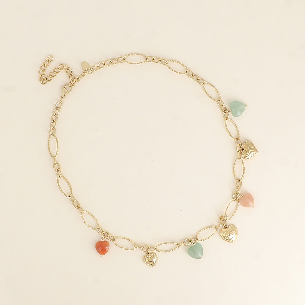 Collier - breloques cœurs en acier et en pierre naturelle agate orange et agate verte 40,5+7 cm