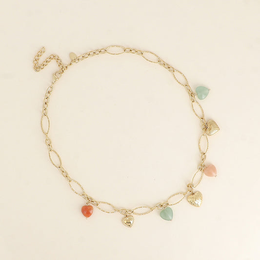 Collier - breloques cœurs en acier et en pierre naturelle agate orange et agate verte 40,5+7 cm