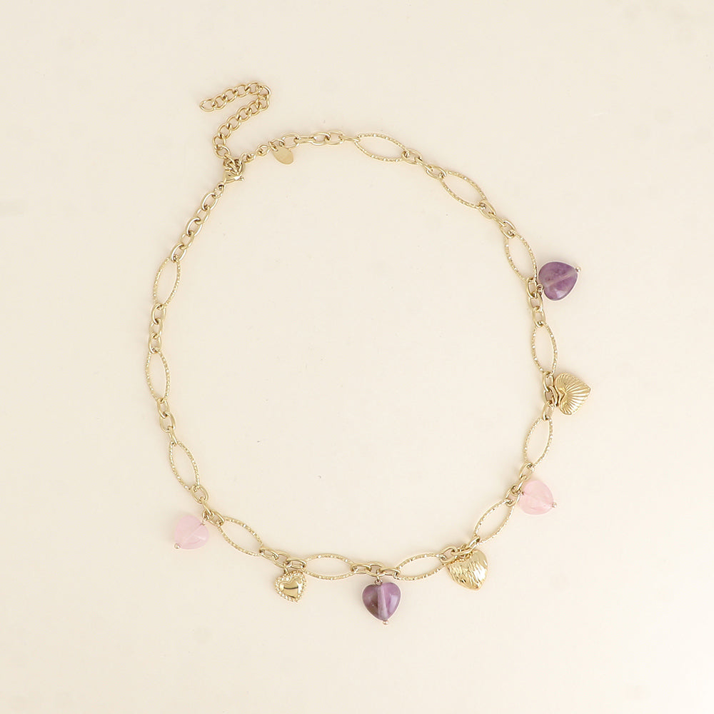 Collier - breloques coeurs en acier et en pierre naturelle agate rose et améthyste 40,5+7 cm