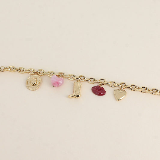 Bracelet - chapeau, cœur perlé, botte, lèvres émaillées, cœur (16,5+3 cm)