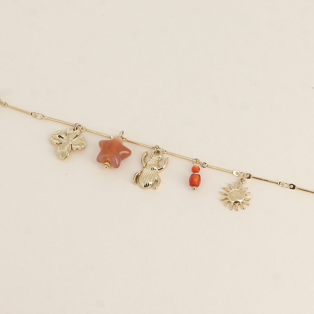 Bracelet - fleur, étoile en résine, pierres naturelles, scarabée, soleil (16+3 cm)