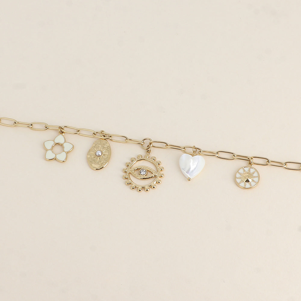 Bracelet - fleur en émail, soleils, cœur nacré, œil (17+3 cm)