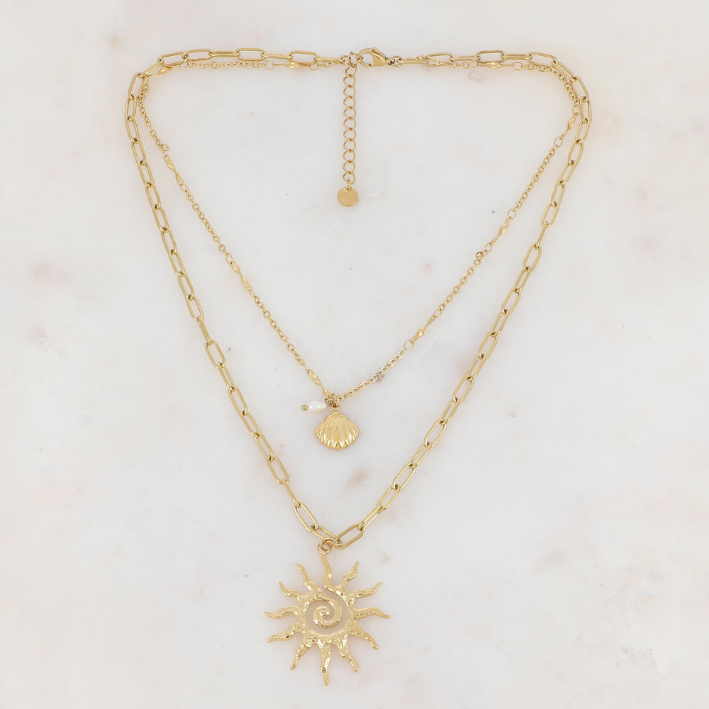 Collier double rangs en maille avec coquille Saint-Jacques, perle d'eau douce et soleilIKS1516X1000(39.5/48+5CM)
