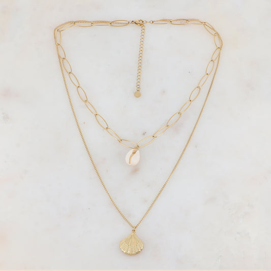 Collier double rangs en maille avec coquillages naturel et métallique (38/50+7CM)