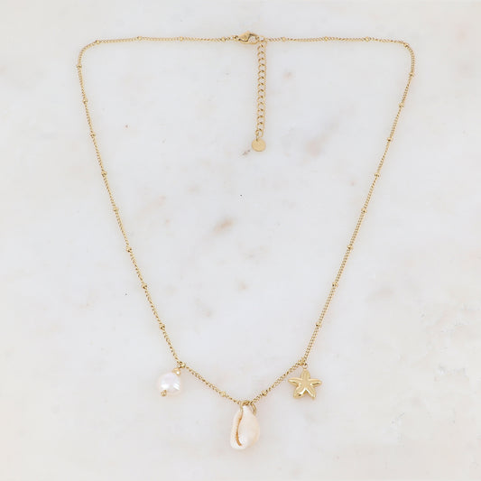 Collier en maille avec étoile de mer, cauri naturel et perle d'eau douce (45+5CM)