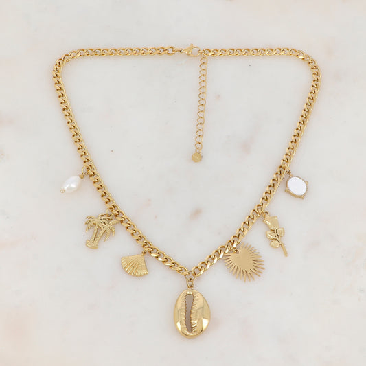 Collier en maille avec perle d'eau douce, palmier, coquillages, demi-soleil, fleur et pampille ovale émaillé (43+7CM)