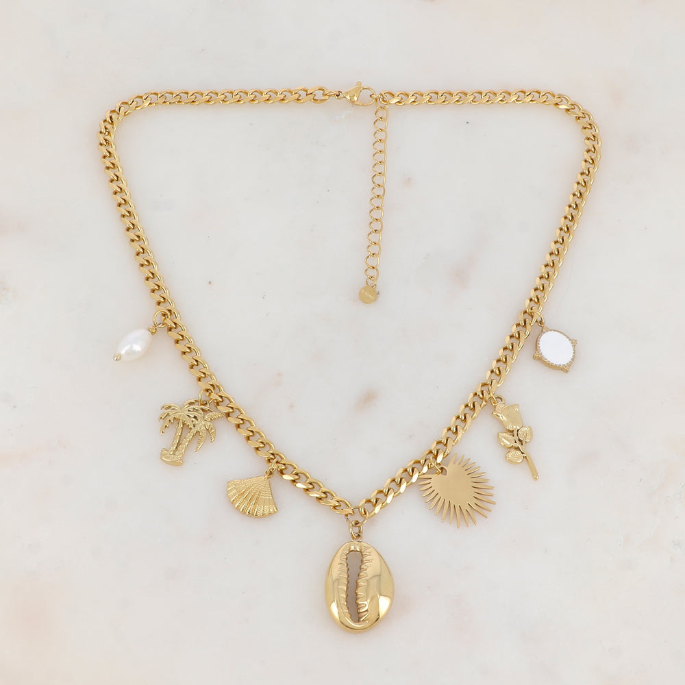 Collier en maille avec perle d'eau douce, palmier, coquillages, demi-soleil, fleur et pampille ovale émaillé (43+7CM)