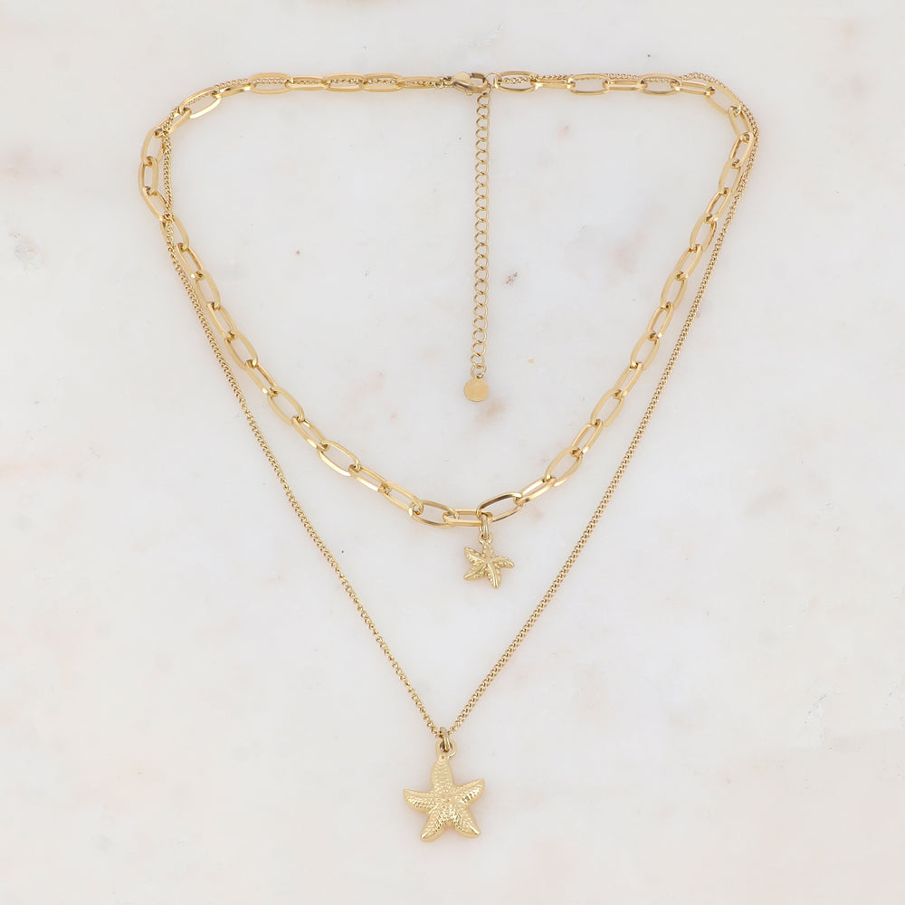 Collier double rangs en maille avec étoiles de mer (38/45+7CM)