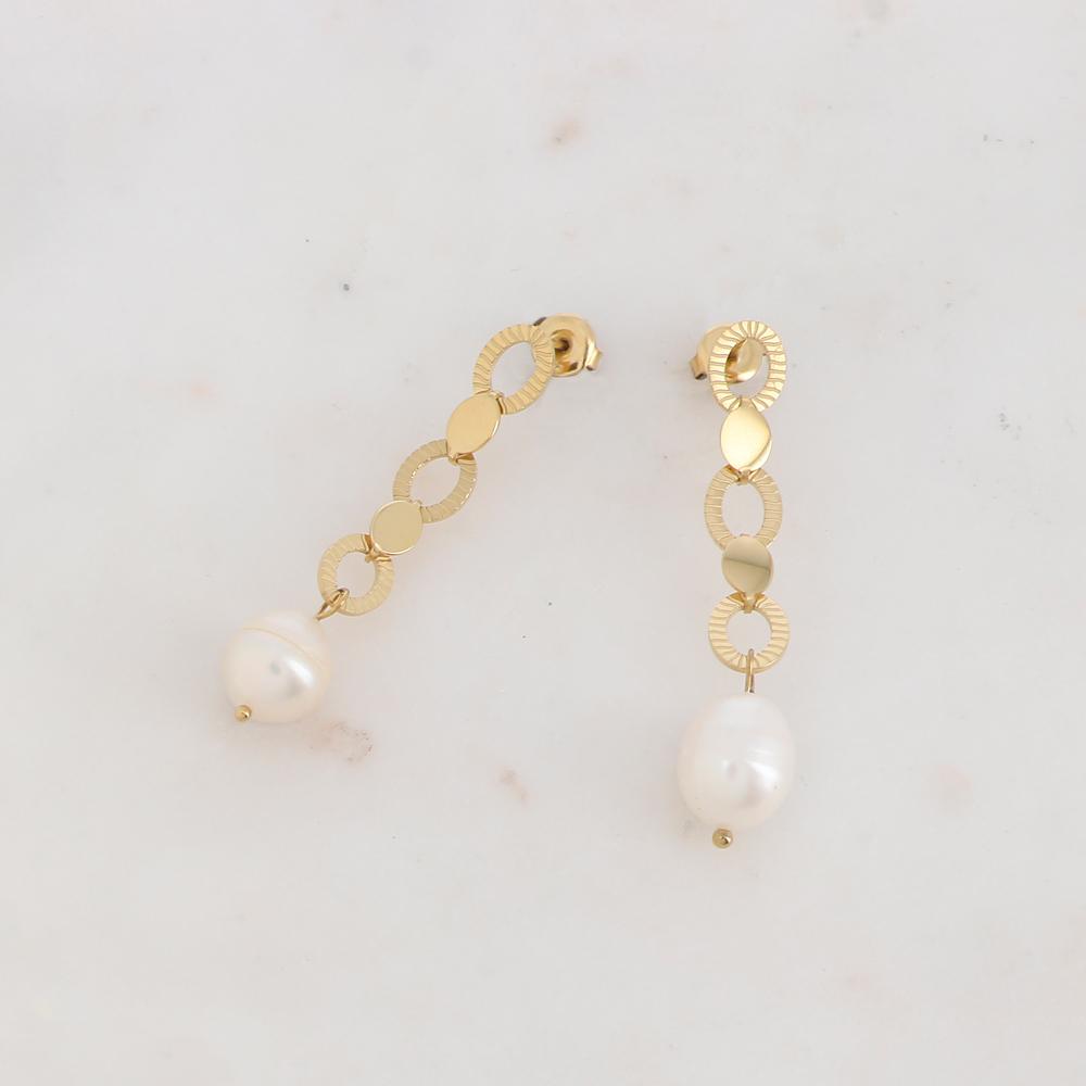 B.O à puce pendantes en maille et perles d'eau douce 1 x 4.8cm