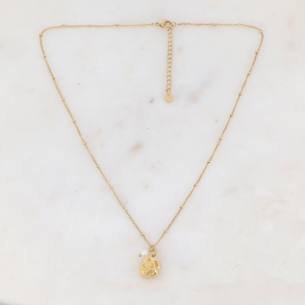 Collier avec fleur et perle d'eau douce 45+5 cm