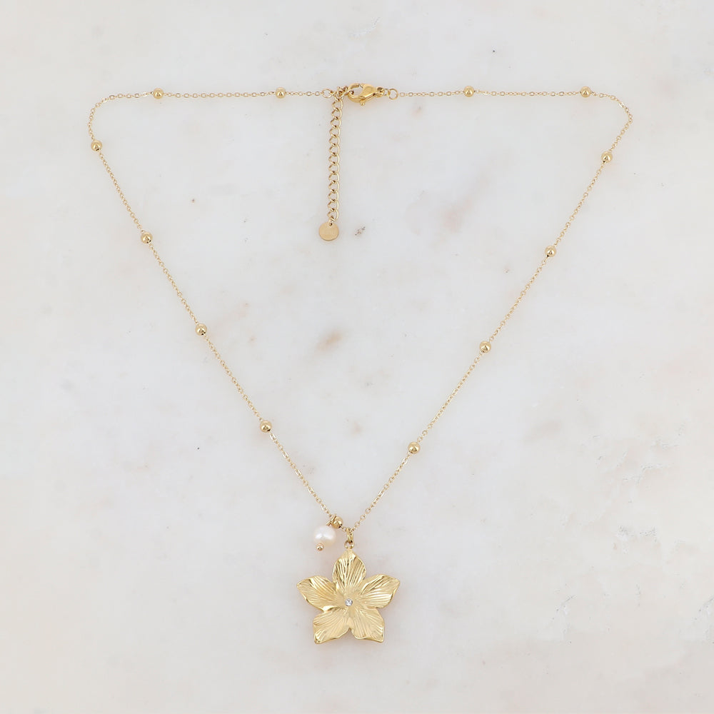 Collier avec fleur strassée et perle d'eau douce 40+5 cm