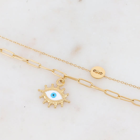 Bracelet double rangs avec pièce ronde et pendentif émaillé motif œil
