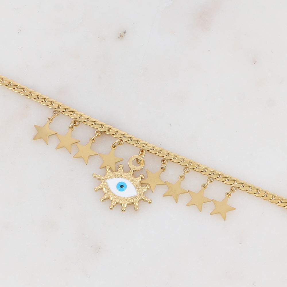 Bracelet en maille avec pampilles étoiles et pendentif émaillé motif œil