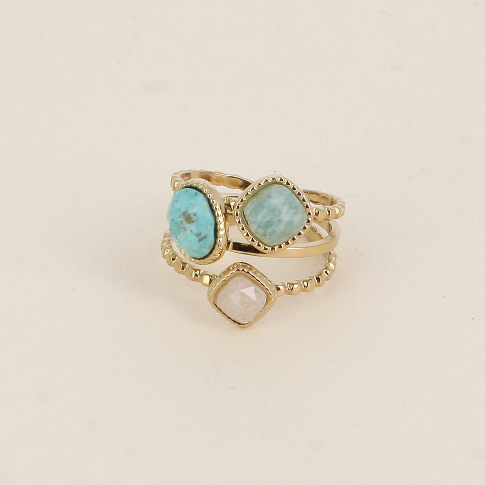 Bague - 3 anneaux effet mil grain et 3 pierres naturelles carrées et ovale - turquoise africaine, amazonite et agate blanche