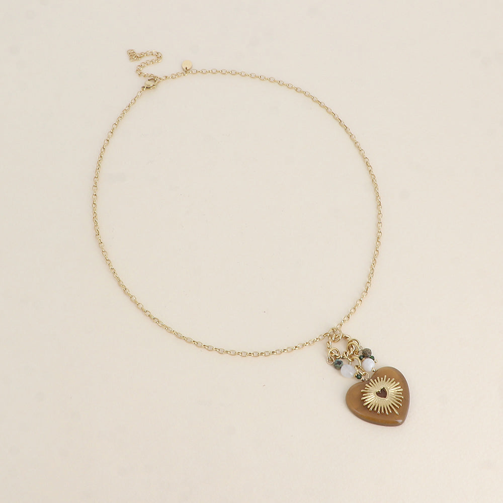 Collier - anneau torsadé, cœur en résine, pierres naturelles 45+7 cm