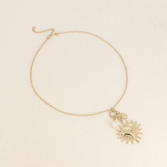 Collier - cœur, soleil et perle d'eau douce 45+7 cm