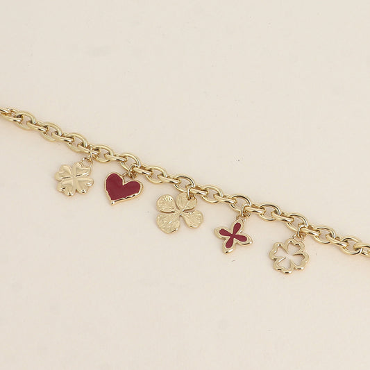 Bracelet - trèfles, cœurs, émail bordeaux (17+3 cm)