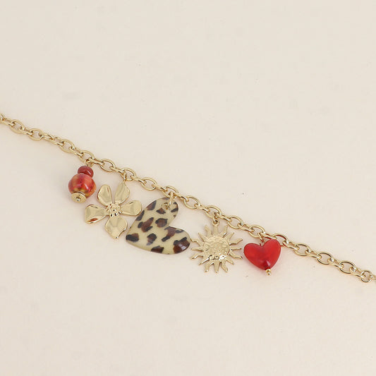 Bracelet - perles en céramique, cœurs en résine, soleil et fleur (17+3 cm)