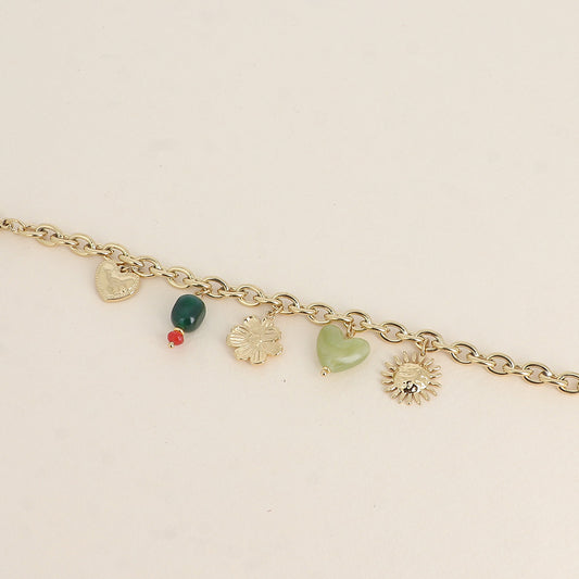 Bracelet - fleurs, cœurs en résine vert et acier, perles (17+3 cm)
