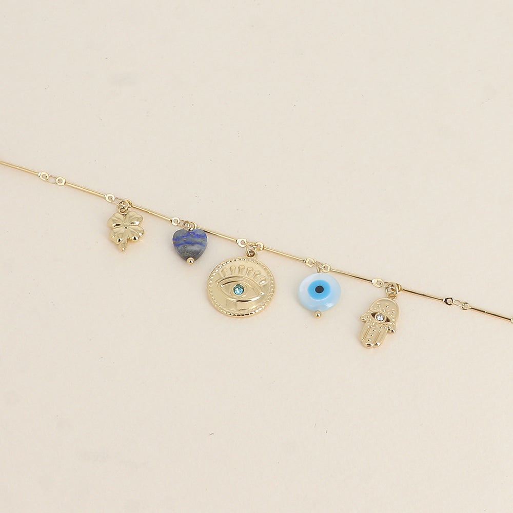 Bracelet - trèfle, yeux, cœur en pierre naturelle, main (16+3 cm)