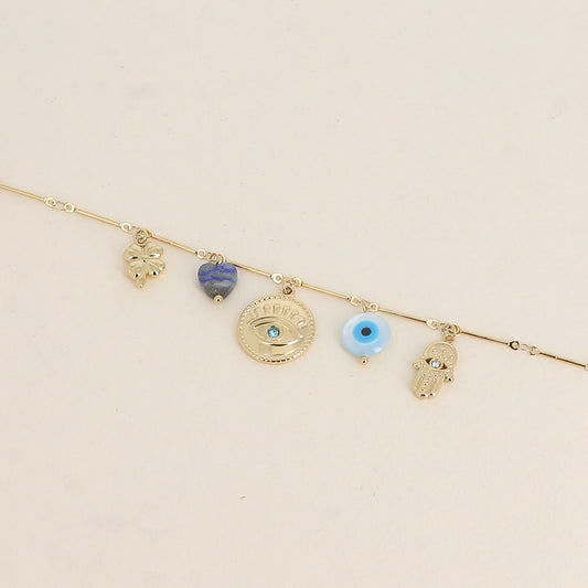 Bracelet - trèfle, yeux, cœur en pierre naturelle, main (16+3 cm)