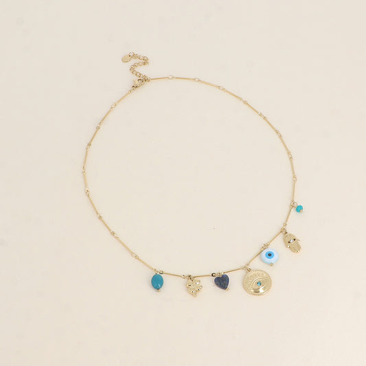 Collier - trèfle, yeux, cœur en pierre naturelle, main 40+5 cm