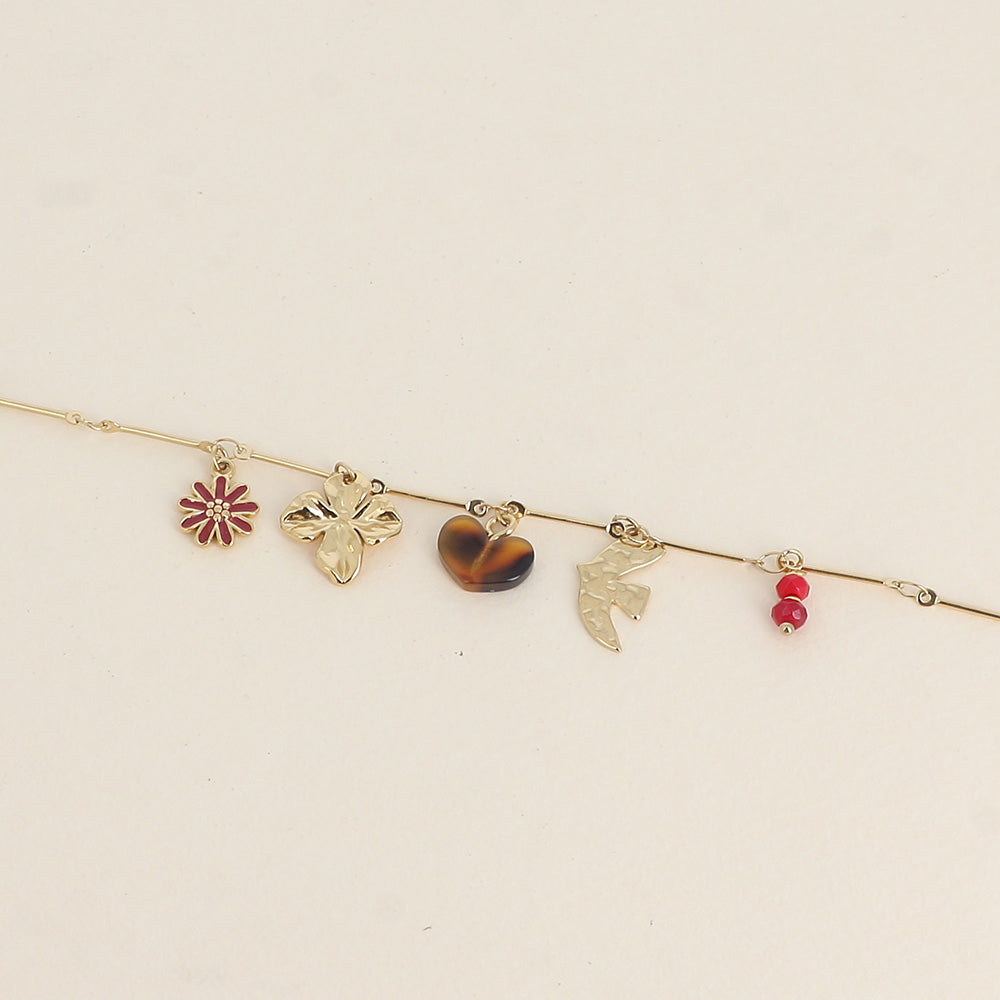 Bracelet - oiseau et fleur, cœur en résine, fleur en émail, pierres naturelles (16+3 cm)