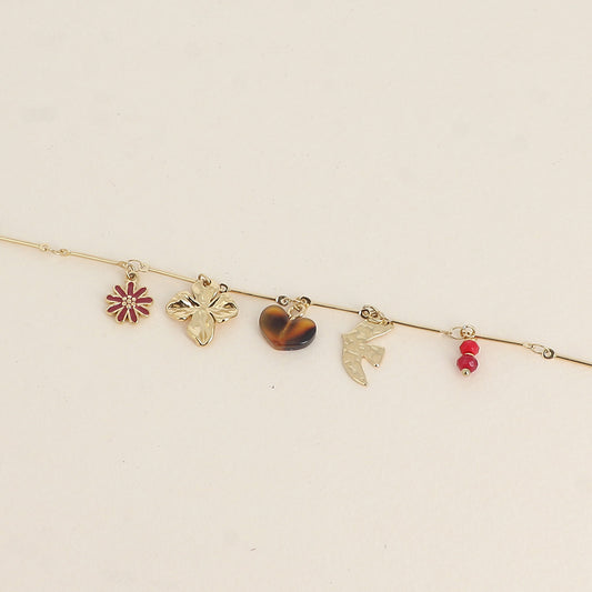 Bracelet - oiseau et fleur, cœur en résine, fleur en émail, pierres naturelles (16+3 cm)