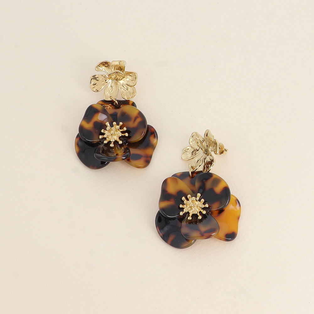 Boucles pendantes - fleur texturée et de pièces pendantes en acétate léopard 40x65 mm
